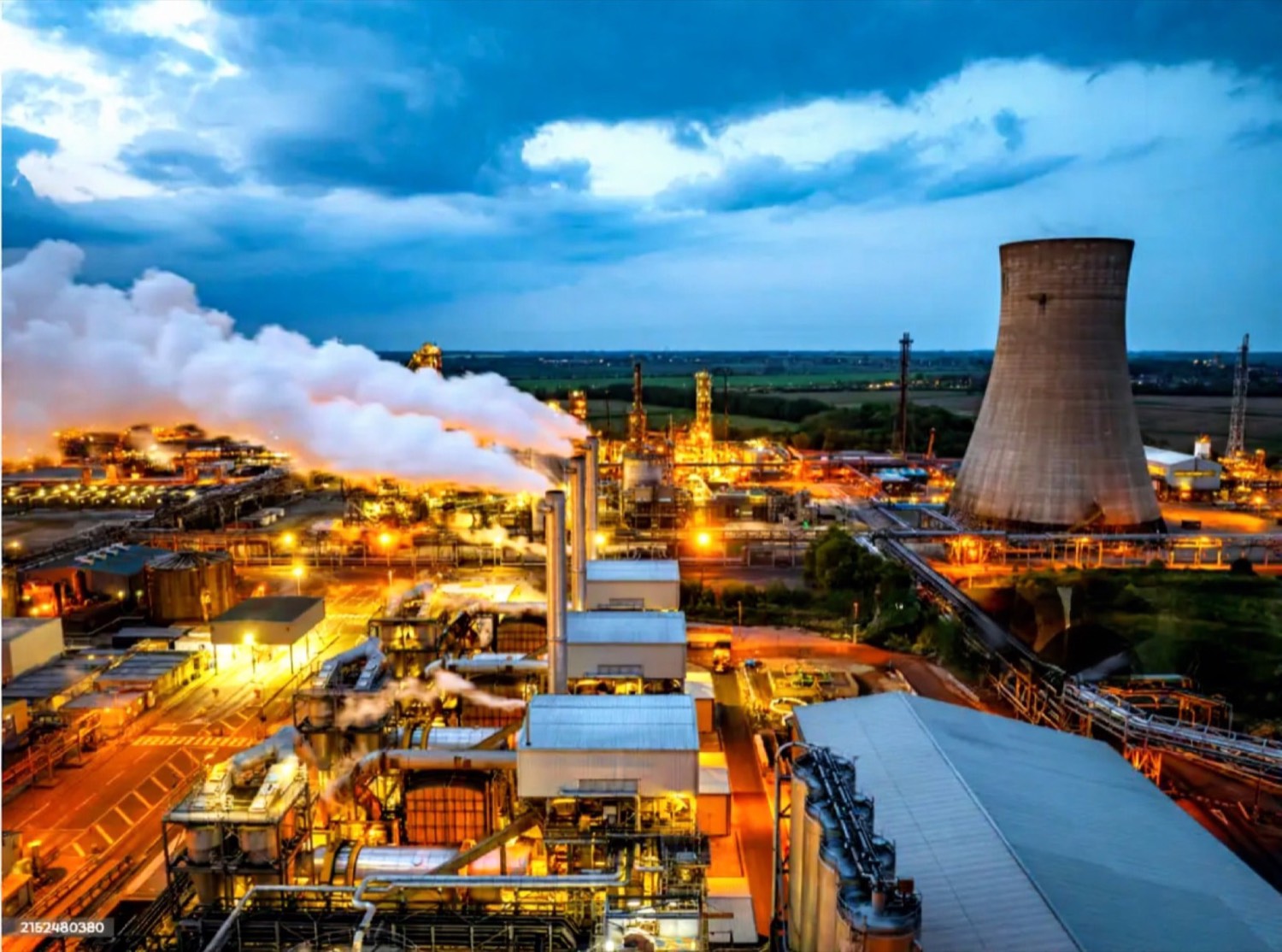Elevated view of a process plant at dusk